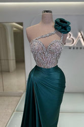 Fashion Long Dark Green One Shoulder Jewel Sleeveless Prom Evening Dresses